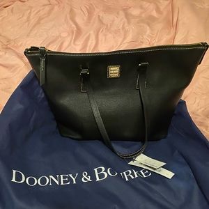 New with Tags: leather Zip Top Shopper tote, black w/ gold metal.